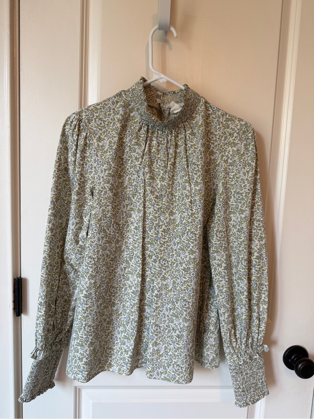 Smocked Neck Floral Blouse in Sage Green